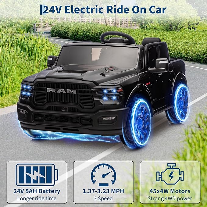 24V Ride on Car Licensed RAM 2500, 2 Seater Ride on Car for Kids w/Remote Control, Toddler Electric Car w/Truck Bed, 3 Speed, LED Lights, Bluetooth, Suspension, Gifts for Boys Girls, Black