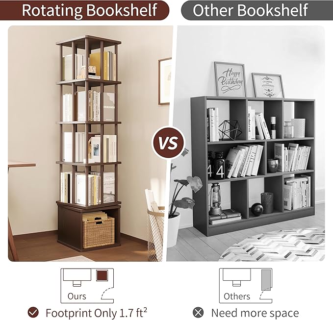IOTXY 3-Tier Rotating Bookshelf Tower - Beech Wood Frame Spinning Bookcase with Storage Base, Compact Freestanding Revolving Shelf Organizer, Walnut