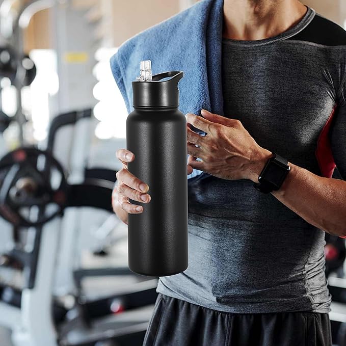 VEGOND 40 oz Insulated Water Bottle Bulk Stainless Steel Metal Water Bottles with Leak Proof Straw Lid & Spout Lid, Wide Mouth Double Walled Vacuum Travel Sports Bottle, 4 Pack