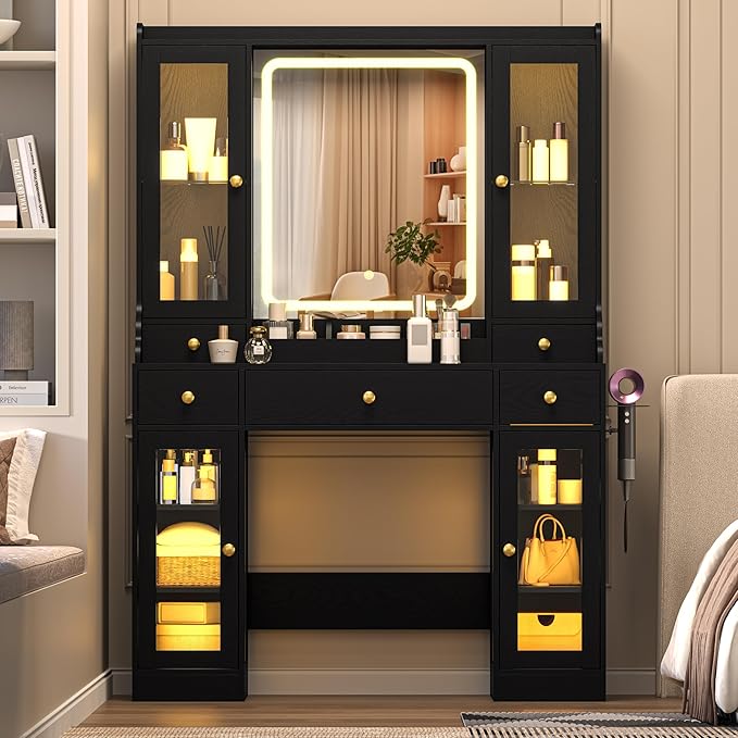Makeup Vanity Desk with Mirror and Lights, 41" Black Vanity Set with 5 Drawers & 4 Glass Cabinets, Power Outlet & Adjustable LED Lights, Dressing Table for Women & Girls Bedroom