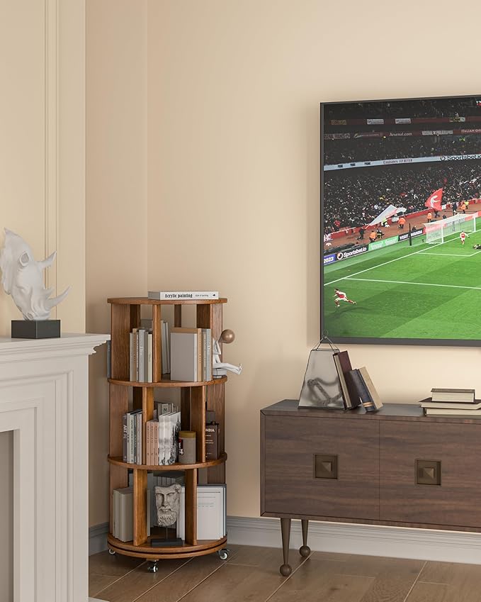 3-Tier Solid Wood Rotating Bookshelf on Wheels, 360° Spinning Book Shelf Tower, Round Revolving Bookcase Organizer, Rolling Bookshelves for Small Spaces, Corner, Bedroom, Kids Room, Office, Walnut