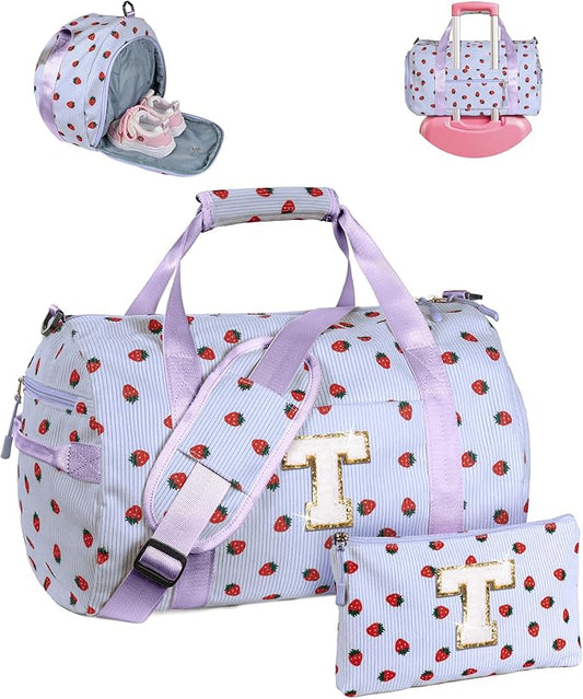 Sweet 16 Gifts for Girl, Girls Gym Bag, Kids Personalized Overnight Duffle Bags with Shoe Compartment, Monogram Travel Tote with Makeup Bag, Stocking Stuffers for Kid (Letter T)