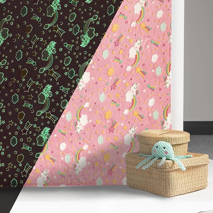 Wajade Rainbow Gifts Toys for Girls - Glow in The Dark Rainbow Blanket Birthday Christmas Decor for Kids Age 3 4 5 6 7 8 9 10 11 12 Years Old Teens Child Toddler Throw Pink 60"x80"
