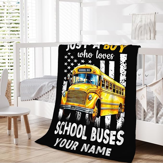 Custom School Bus Blanket for Boys, Cute Throw Blanket Gifts for Kids Truck Lovers, Personalized 50x60 Inches Black Soft Fuzzy Blankets for Sofa Couch Bed Travel