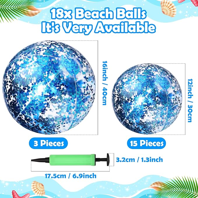 Chivao 18 Pcs Sequins Beach Ball 24 Inch 16 Inch Clear Inflatable Glitter Summer Swimming Pool Balls Wedding Outdoor Floatable Decor Confetti Decor for Beach Party(Blue)