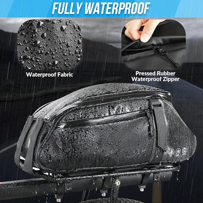 WOTOW Reflective Rear Rack Bag, Water Resistant Bike Saddle Bag Panniers for Bicycles Ebike, 8L Trunk Storage Bag, Cycling Back Seat Cargo Carrier Pouch With Shoulder Strap (With Rain Cover)