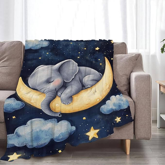 Elephant Blanket Baby Gifts Moon Night Throw Blankets for Girls Boys Plush Cozy Flannel Fleece Ultra Soft Fuzzy Party Blanket for Bed Couch Sofa 80"X60"