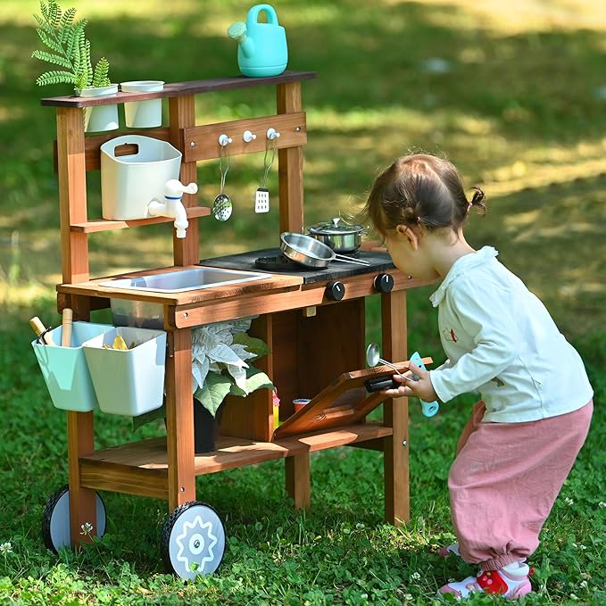 OLLIKIVI Mud Kitchen for Kids Outdoor, Wooden Play Kitchen with Removable Sink, Faucet, Storage Shelves, Backyard Garden Toddler Kitchen Playest, Kitchenware, Stove, Gift for Boys and Girls