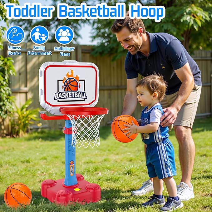 Tsomtto 4 in 1 Kids Basketball Hoop & T Ball Set Indoor Outdoor Toys for Toddlers 1-3 Adjustable Toddler Pool Basketball Hoop Goal Sports Outside Play Toys for 1 2 Year Old Boys Girls Birthday Gifts