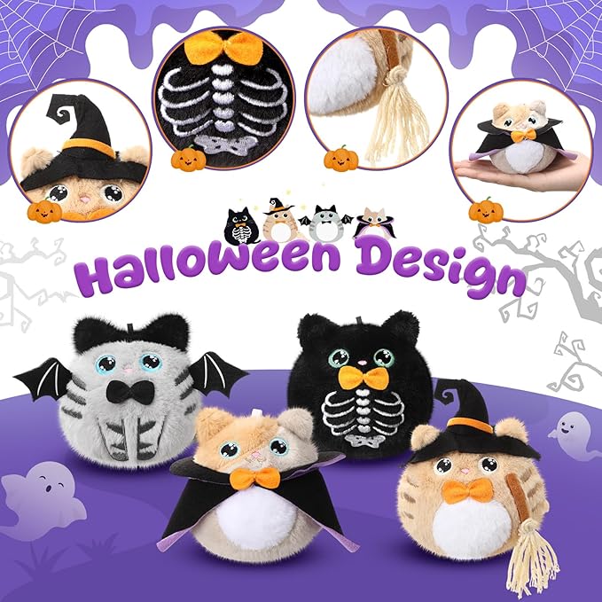 Soulchen 8 Pcs Halloween Stuffed Animal 4 Inch Plush Cat Toys Bulk Mini Halloween Plushies with Keychain Small Kawaii Plush Kitten Characters Trick or Treat Goodie Bag Fillers Party Favors