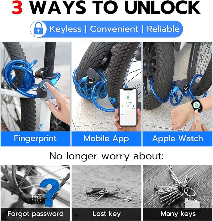 Fingerprint Cable Lock, Anweller 4.9FT Long Heavy Duty Anti Theft Bike Lock, Weatherproof Keyless Digital Electronic Biometric Bluetooth Smart Lock for Bicycle Scooter Lawnmower Skateboard - Blue