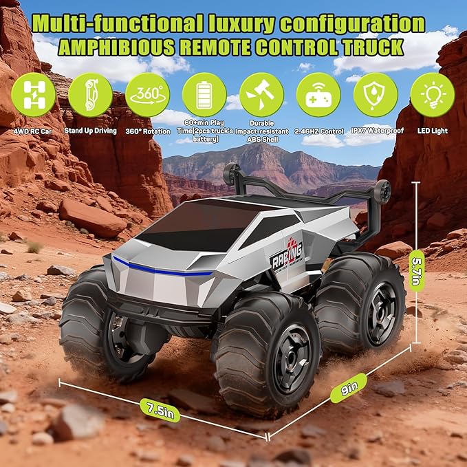 1:16 RC Truck Remote Control Car, 4WD Waterproof Amphibious RC Car All Terrain Pickup,TIME4DEALS 2.4GHz Remote Monster Truck with 360° Rotating Standing Stunt Toy Truck for Kids Boys 6 7 8 9 10 11 12+
