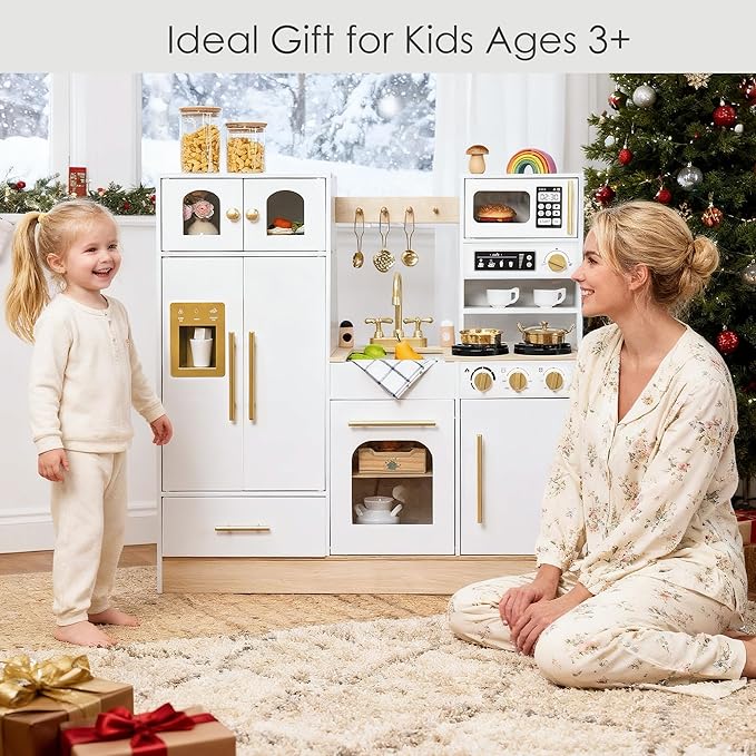 Wooden Play Kitchen Set - Realistic Pretend Play Kitchen with Stove, Sink, Coffee Maker & 11 Fun Accessories | Montessori Toy Kitchen for Toddlers Ages 3+