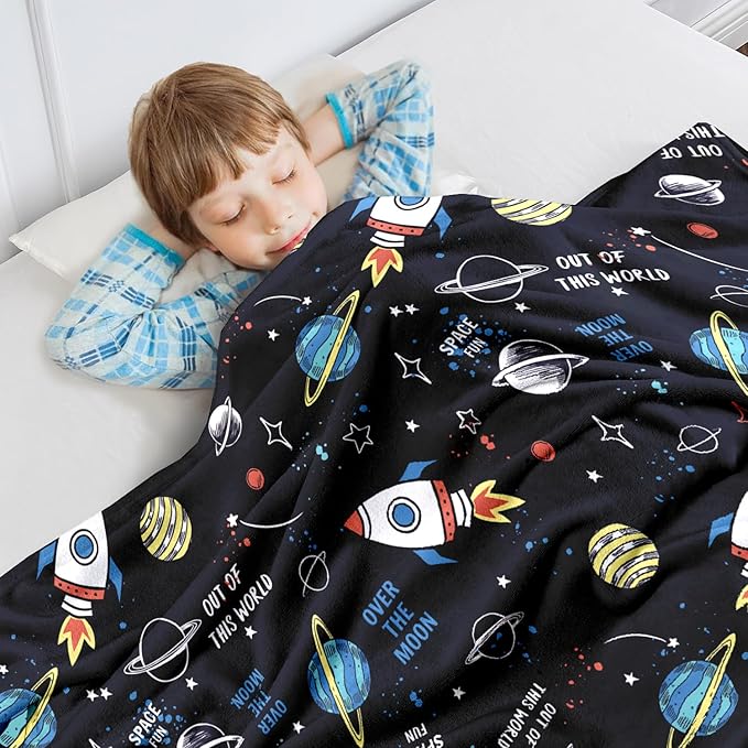 Wajade Toddler Fleece Space Blanket for Boys Kids 3D Rocket Planets Soft Throw Blanket Birthday Christmas Halloween Space Decor for Children 60"x80"
