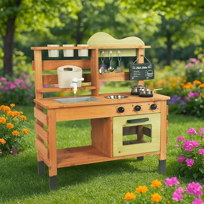 Outdoor Kitchen for Kids,Mud Kitchen Wooden Toy Playset with Kettle, Sink, Wooden Plant Container and Kitchen Accessories, for Children Ages 3+ Years (Green)