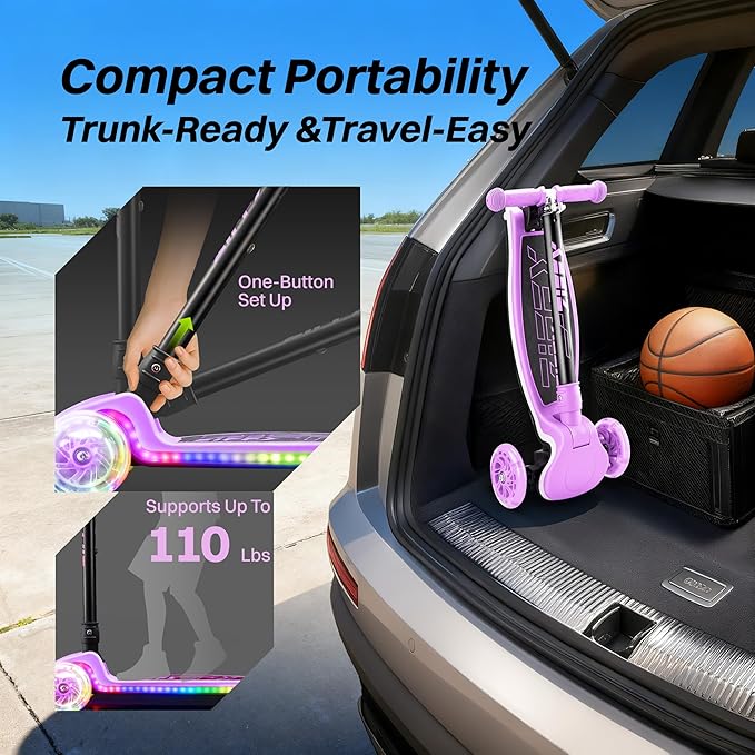 ZIFFY 3-Wheel Light-Up Toddler Scooter for Kids 3-8, Kids Scooter for Boys Girls with 20 Dynamic LED Lights, 4 Adjustable Height Balance Kick Scooter 110LBS, Lean-to-Steer Anti-Slip Wide Deck by JOVA