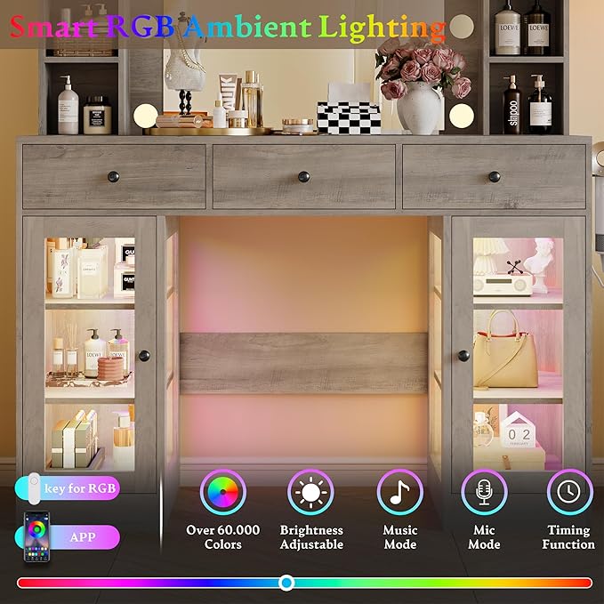 Makeup Vanity Desk with Mirror and Lights, Grey Vanity with Glass Top, LED Lights & Power Outlet, 3 Drawers & 2 RGB Glass Cabinets, Adjustable Lighted Dressing Table for Women & Girls Bedroom