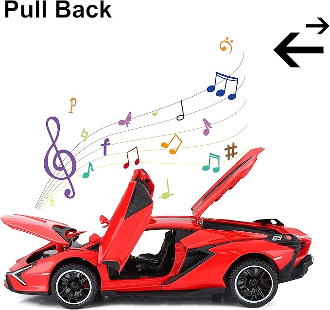 SASBSC Lamb Toy Cars for Kids Sian Diecast Metal Model Car with Light and Sound Fkp3 Pull Back Toy Car for Boys Age 3 + Year Old (Red)
