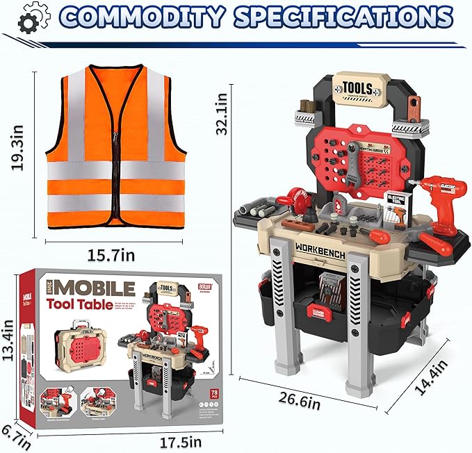 Toddler Tool Bench Set, 79pcs Pretend Construction Toy Set with Drill for Kids Workbench Playset, Tool Bench for Kids Ages 3-5 Years Old, Storage Box for Boys, Perfect Birthday (Red)