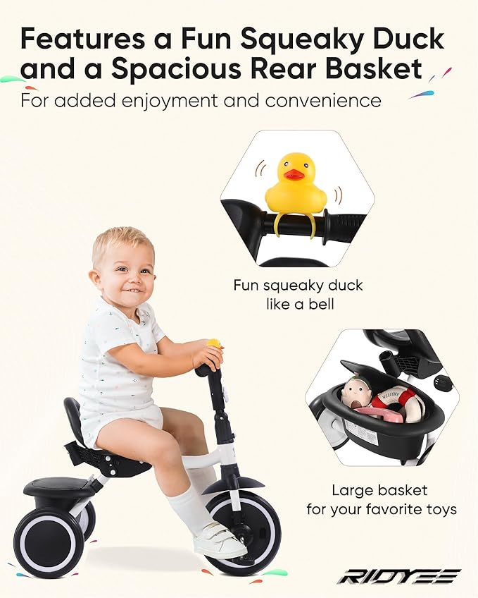 Tricycle for Toddlers 18 Months to 5 Years with Removable Push Handle, Tricycles for 3-5 Year Olds Ideal for On-The-Go Families, Adjustable Carry-Friendly Seat, White