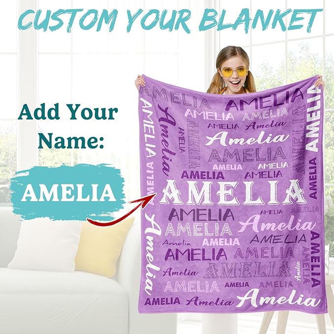 Ship Next Day, Personalized Baby Blanket with Name - Printed in USA, Custom Name Blanket for Boys Girls Kids, Customized Flannel Blankets Gifts for Teen Shower Toddlers Christmas Brithday