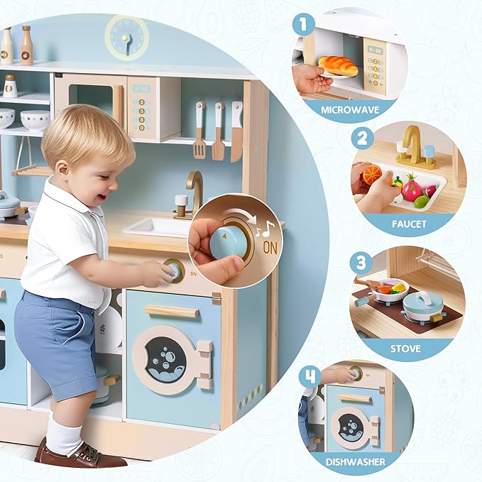 ROBUD Wooden Play Kitchen Set for Kids Toddlers, Toy Kitchen Gift for Boys Girls, Age 3+