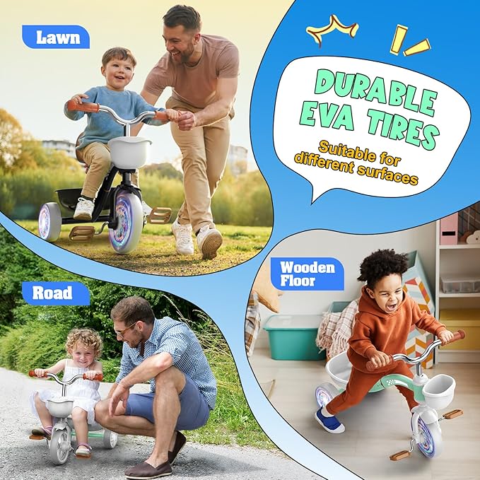 Toddler Tricycle for 1-3 3-4 Year Olds, Toddler Toys Baby Bike, Toys for Ages 2-4, 3-Level Adjustable Seat, 3 Colorful Lighting Wheels, 2 3 4 Year Old Boy Girl Birthday Gifts