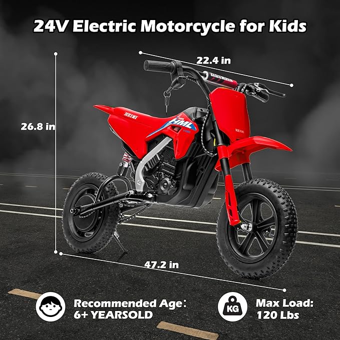 24V Electric Dirt Bike for Kids, 250W Electric Motorcycle Up to 11 MPH & 10 Miles Long-Range, Twist-Grip Throttle, 12" Knobby Tires, Spring Suspension, Music, Red (Without Cover)