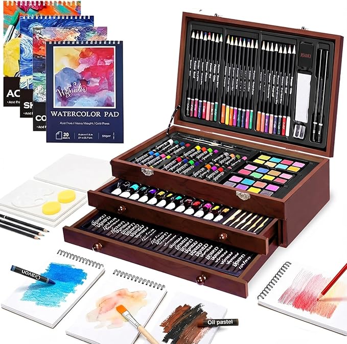 194 Piece Deluxe Art Set, Painting Drawing Art Supplies with 4 Drawing Pads, Acrylic Paints, Crayons, Colored Pencils Set in Wooden Case, Art Kit Gift Box for Kids, Teens, Adults, Artists, Beginners