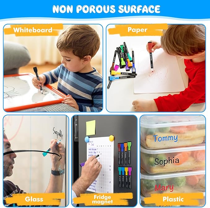 maxtek 24 Count Magnetic Dry Erase Markers, Fine Tip, 12 Colors Whiteboard Markers with Built-in Eraser, Low Odor Thin Markers