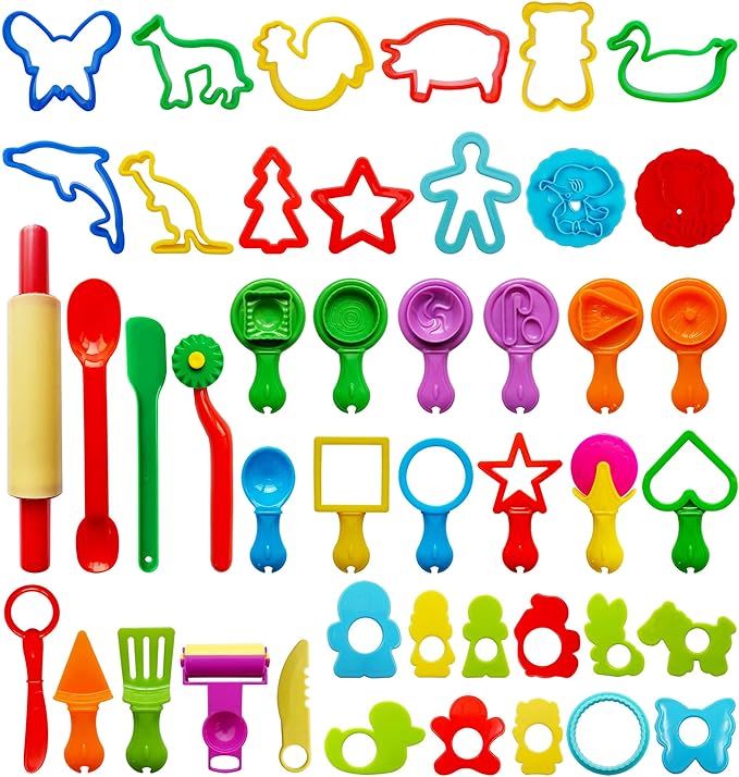 FRIMOONY Dough Tools Set for Kids, Various Plastic Molds, Assorted Colors, 45 Pieces