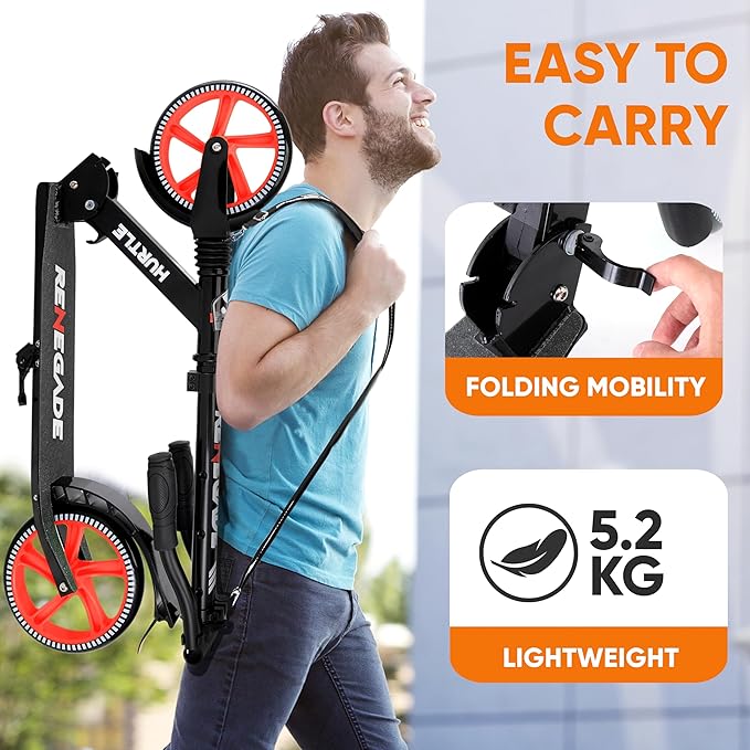 Hurtle Renegade Kick Scooter for Kids, Teenagers & Adults - 2-Wheel Folding Scooter with Adjustable T-Bar Handlebar - Alloy Anti-Slip Deck