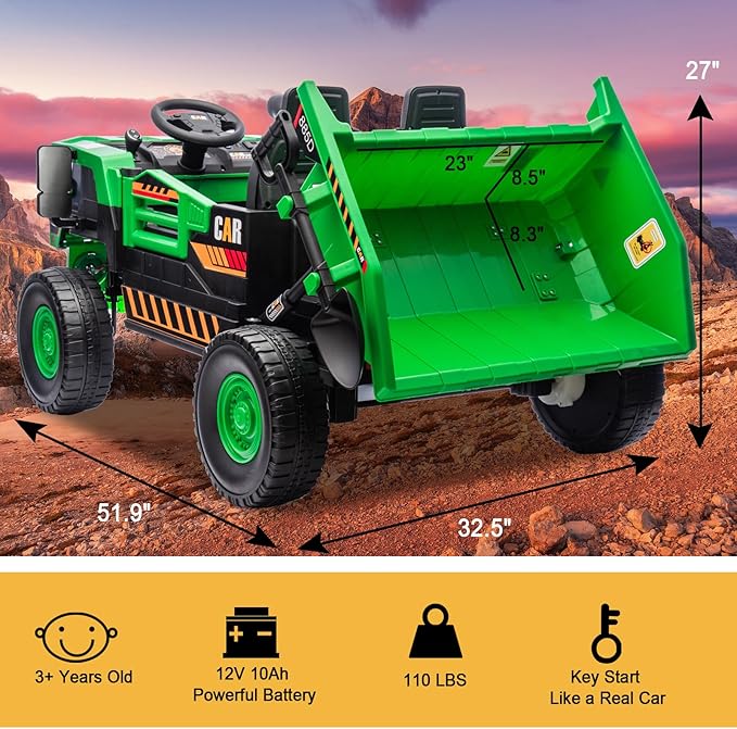 12V 10AH 2-Seater XL Kids Ride on Truck Electric Toy Car with Electric Dump Bed and Extra Shovel, Parents Remote Control, Up to 4Mph, 19.4" Spacious 2 Seats for Boys and Girls Ages 3+, Geen