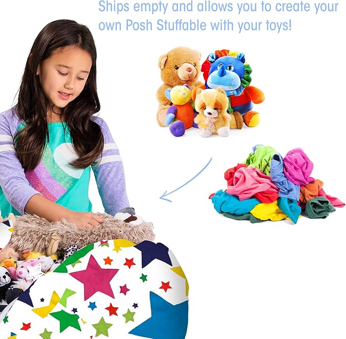 Posh Creations Stuffable Kids Stuffed Animal Storage Bean Bag Chair Cover - Childrens Toy Organizer, Medium-27 - Canvas Stars Bright Multi-Colored