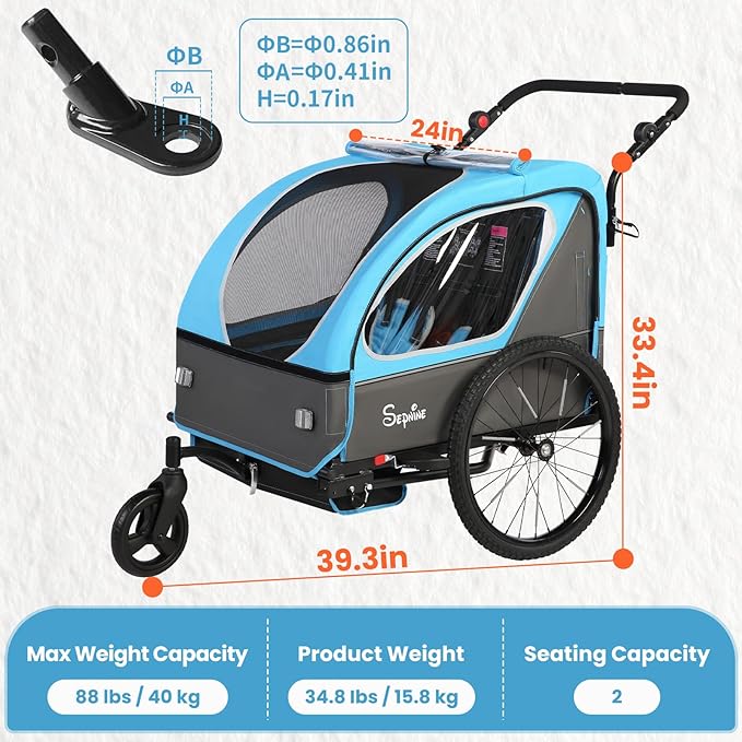 Sepnine Kids Bike Trailer, 2 in1 Canopy Carrier Converts to Pushcart Suitable for 1 to 2 Toddlers, Kids, Quick Attach to Bike, Foldable, with 5-Point Harness and Storage Bags