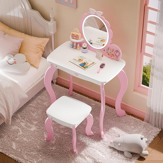 MU Kids Vanity Set with Lighted Mirror and Stool, Kids Makeup Vanity Desk with Storage Space, Bow Pattern for Little Girls, Toddler Princess Makeup Dressing Table with Chair Set, Pink