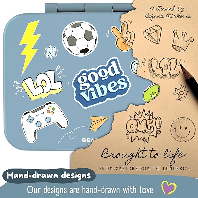 BEARFOOT Kids Lunch Box with Compartments – Compact & Lightweight | Leak-Proof, BPA-Free, Dishwasher & Microwave Safe | Hand-Drawn Design for Preschool, School, Travel (Sticker Blue, 4 Cups)