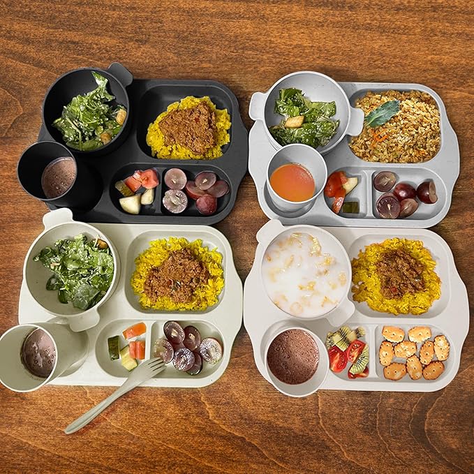 shopwithgreen Kids Toddlers Plates and Bowls Sets, 20 PCS Wheat Straw Dinnerware Cutlery Set, Unbreakable Tableware Divided Plate Spoon Knife Cup, Reusable Utensils Set for Kitchen Picnic School