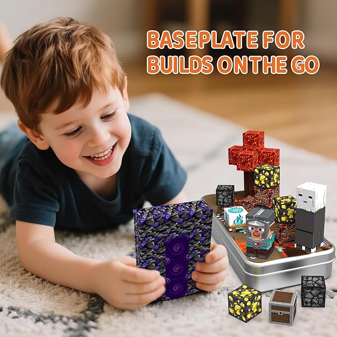 Magnetic Building Blocks Travel Toys, Age 3+ STEM Toy with Portable Tin Compatible with Magnetic Tiles, Ideal for Open Boy Ages 4-8 Holiday Birthday Easter Gifts