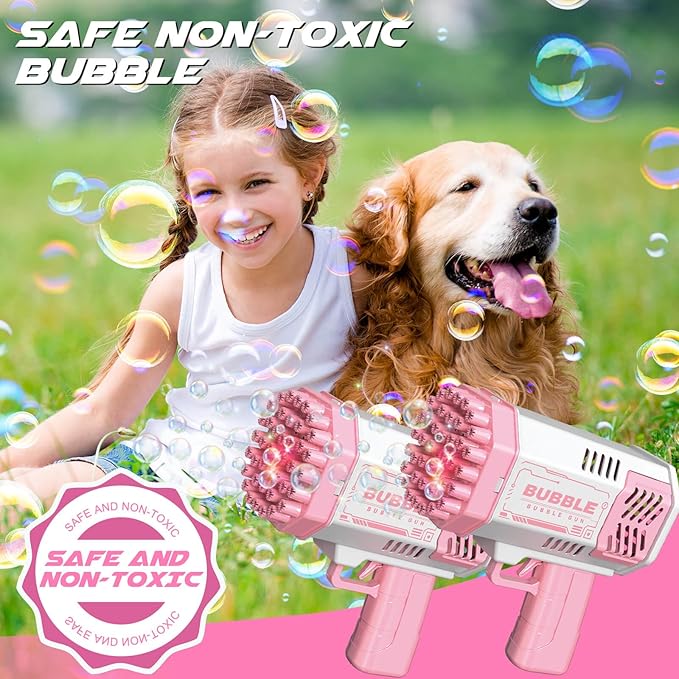 Dolanus Bubble Gun 2 Pack with 2 Bottles Bubble Solution, 40-Hole Light Up Dip Bubble Machine for Kids, Bubble Toy for 3 4 5 6 7 8 Years Old Boys Outdoor Indoor Kid Birthday Wedding Party(2*Pink)
