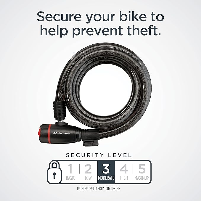 Schwinn Bike Cable Lock with A Lighted Key, 6 feet x 15 mm Anti Theft Bicycle Lock, Security Level 3