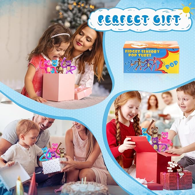 Bear Sensory Toys 4Pcs for Toddlers Kid Boy, Travel Airplane Activities Suction Autism Pop Tube Fidget Toys ADHD Autism Plane Road Trip Activities Essential,Stocking Stuffer Autistic Gifts