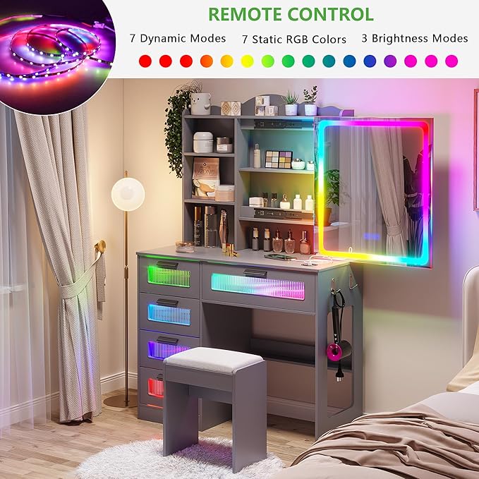 HNEBC Vanity Desk with Sliding Mirror and LED Lights, RGB Vanitys with Charging Station, Makeup Vanitys with Remote Control, White Dresser with Stool/Lager Drawers for Bedroom (Grey)