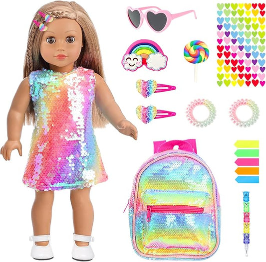UNICORN ELEMENT 14 Pcs American 18 Inch Girl Doll Accessories School Supplies Set - Doll Backpack, School Supplies, Sunglasses & Hairclips for My Life, Journey & Other 18" Dolls
