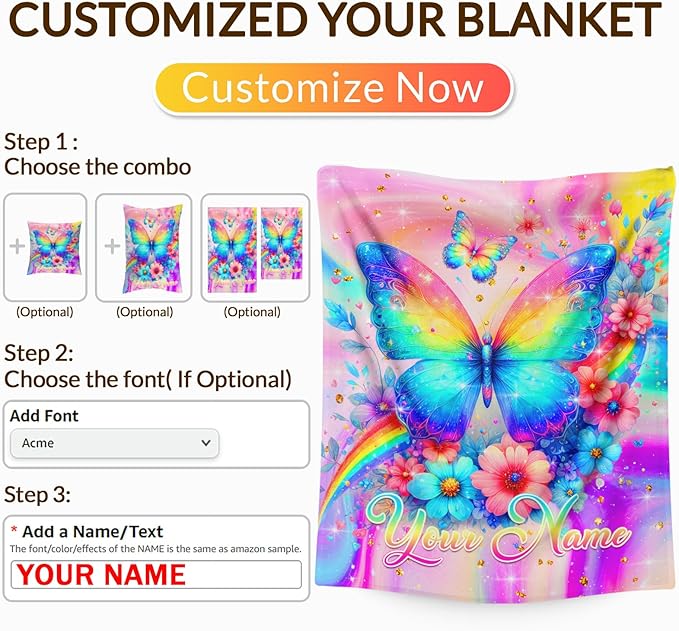 Personalized Blanket for Girls Age 6-8, Butterfly Throw Blankets Gift for Kids Teens Butterfly Lovers, Custom 50"x40" Flannel Throws for Couch Sofa Bed Travel