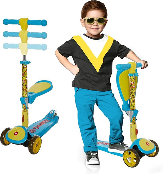 SKIDEE Kick Scooters for Kids Ages 3-5, Adjustable Height Foldable Scooter with Removable Seat, 3 LED Light Wheels, Rear Brake, Wide Standing Board, Suitable Up to 12 Year Old Boys/Girls