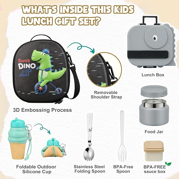 Dinosaur Lunch Box for Kids with Secret Compartment | 4 Compartments Bento Box + 12oz Insulated Food Jar | Leak-Proof Sauce Cup & Collapsible Spoon | BPA-Free, Dishwasher Safe(Grey+Grey Jar)
