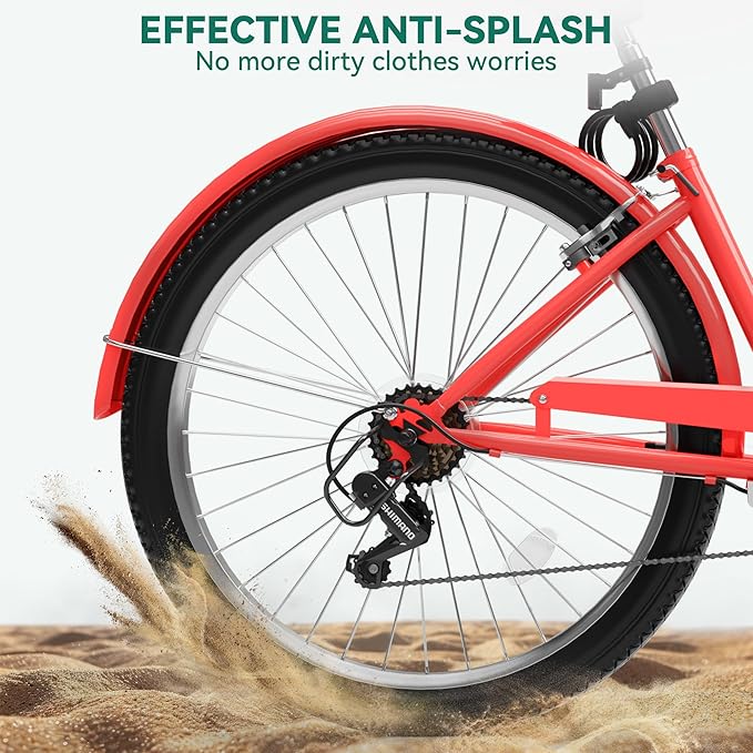 YITAHOME 24 & 26 Inch Beach Cruiser Bike, 7 Speed & Single Speed Commute Bike, Step-Through Bicycle for Adult Women & Men, Steel Frame Cruiser Bike with Full Front & Rear Fenders