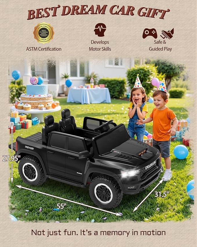 24V Ride on Toys for Big Kids, Licensed RAM 1500 RHO Electric Car for Kids w/Remote Control, Ride on Truck w/Bluetooth, LED Lights, Truck Bed Storage, Gear Shifter & Soft Start (Black)