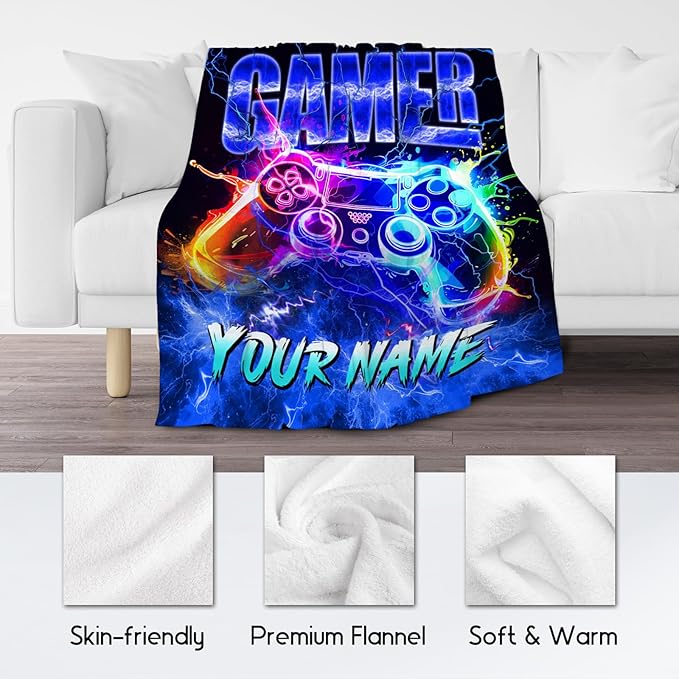 Blanket for Boys Gaming Blankets Personalized Gifts for Gamer Lovers, Soft Plush Cozy Throw for Son Grandson Kids Room Decor (4 Sizes)